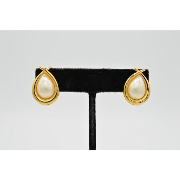 FO Vintage Earrings Clip Pearl Teardrop Gold Fernando Original Signed NOS 80s 9L - Picture 1 of 8